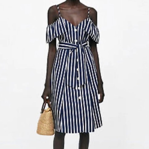Zara Stripe MIDI Dress BLUE WHITE - Picture 1 of 5